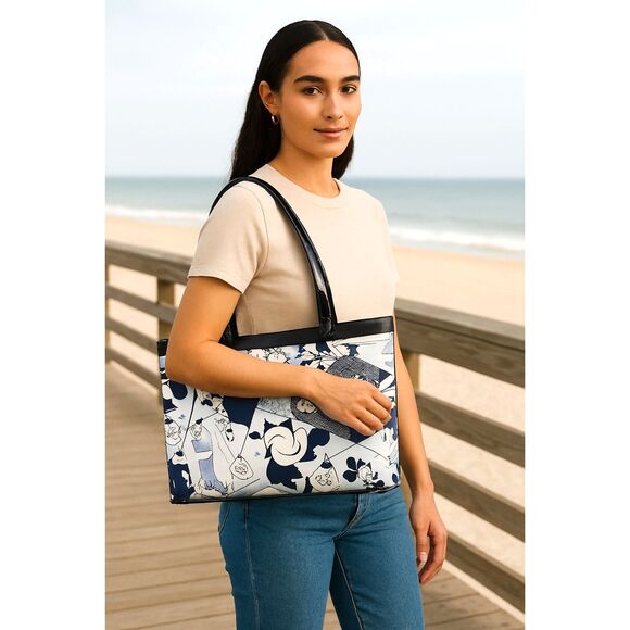 Disney Store Mickey Mouse Tote Vinyl Cartoons Blue White 12 X 14 Beachy Casual - Picture 2 of 10